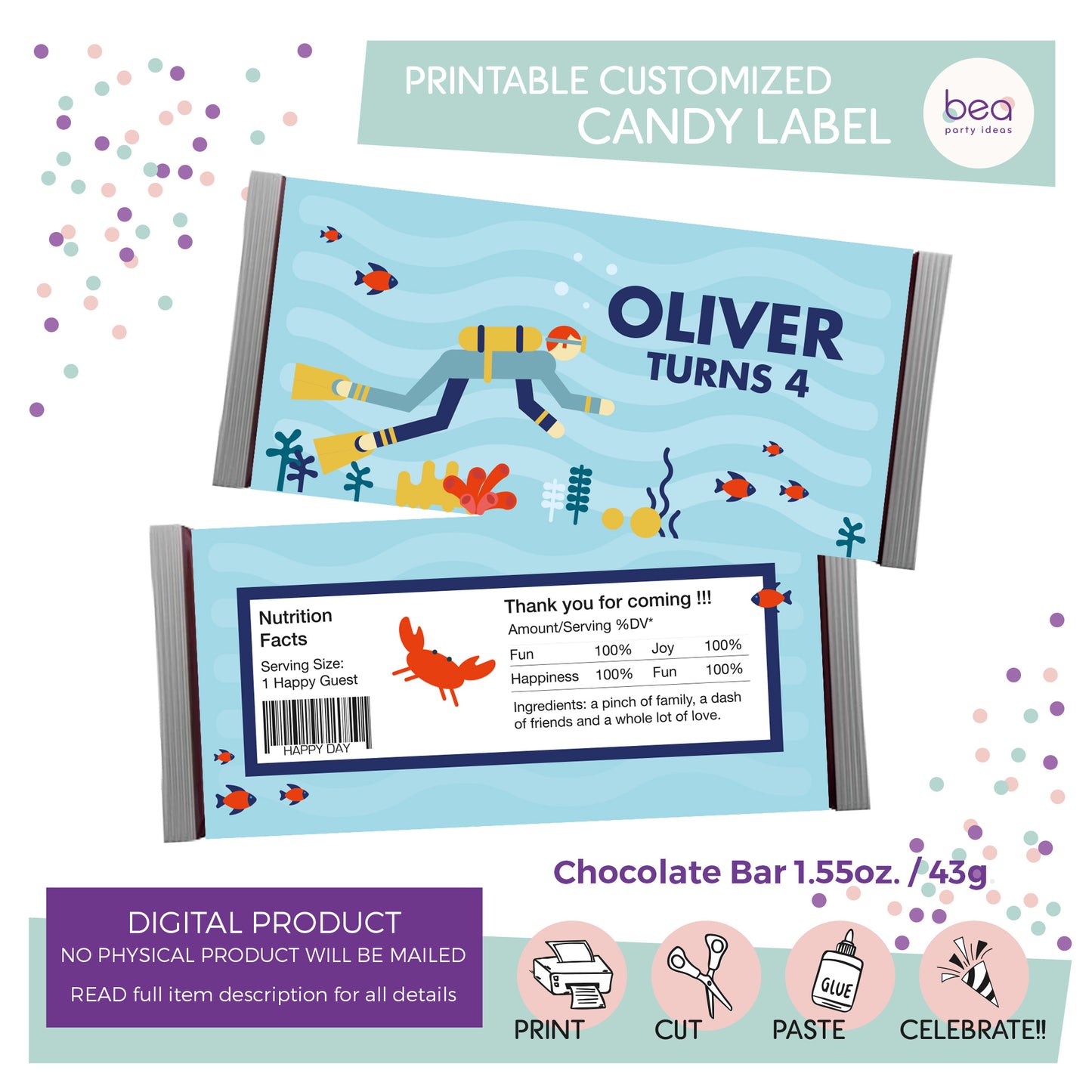 UNDER THE SEA printable CHOCOLATE CANDY Label