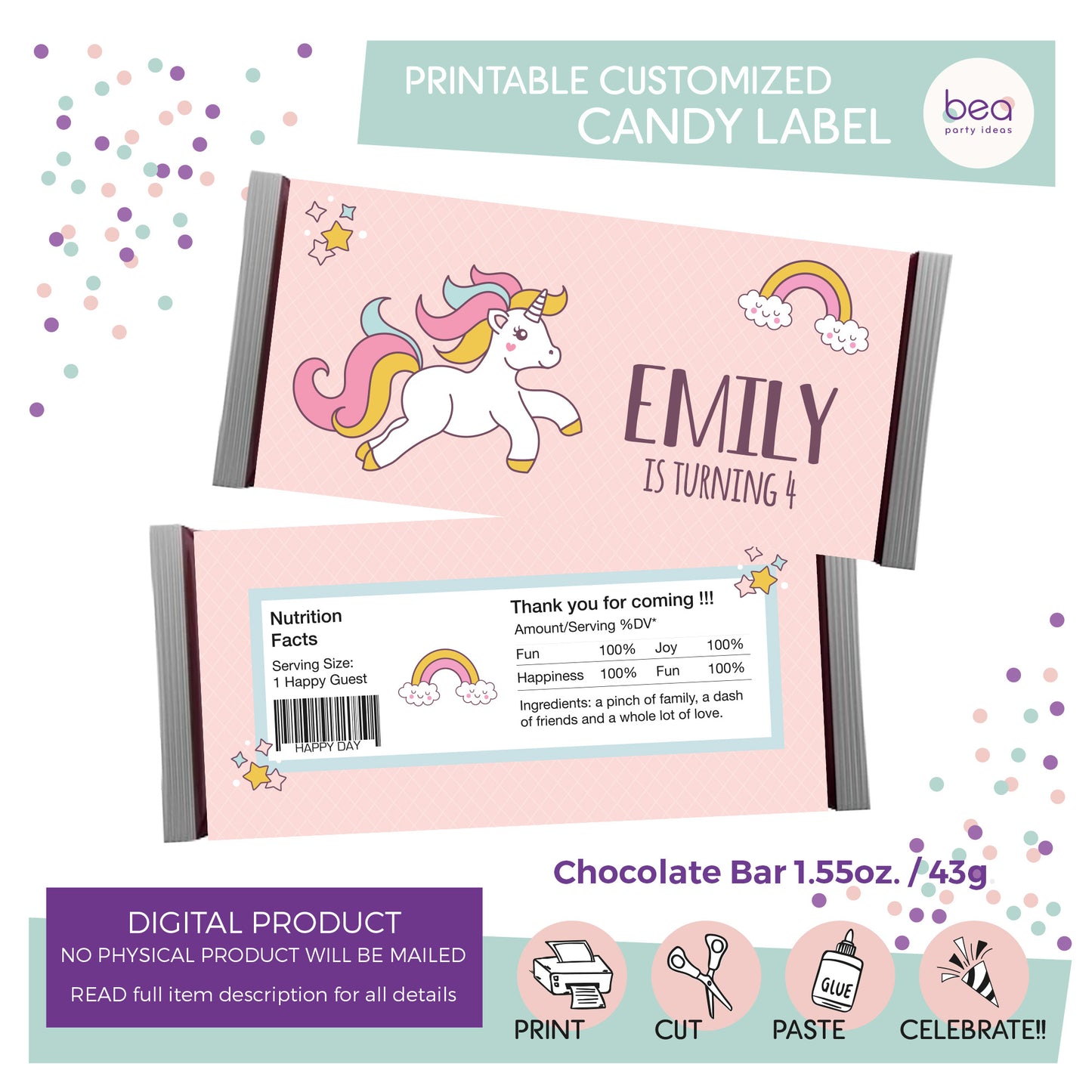 UNICORN printable CHOCOLATE CANDY Label