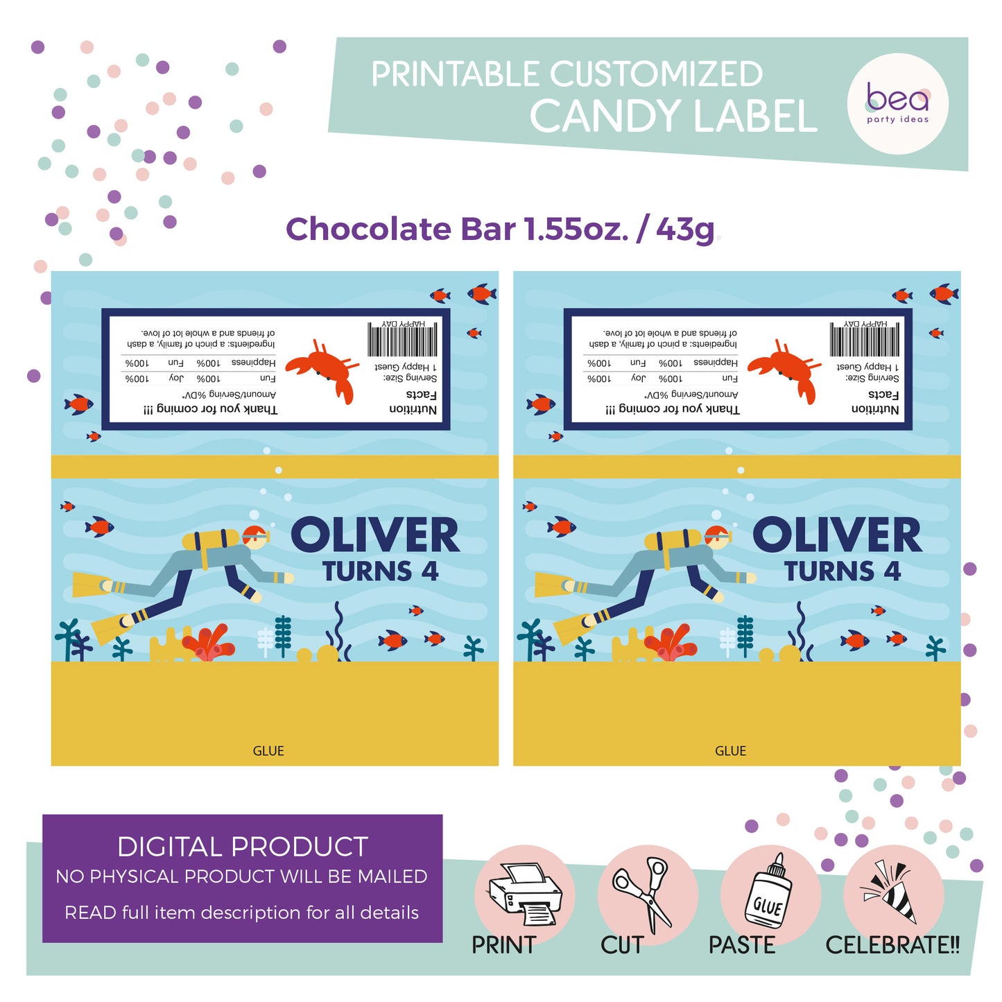 UNDER THE SEA printable CHOCOLATE CANDY Label