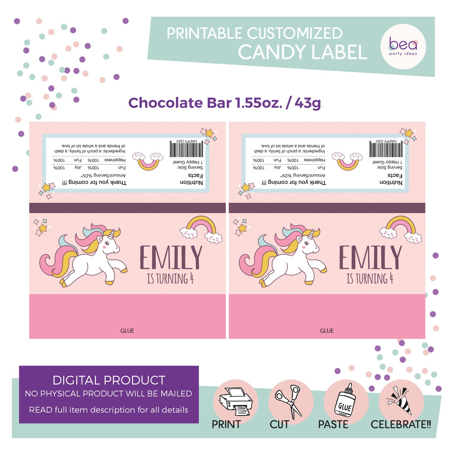 UNICORN printable CHOCOLATE CANDY Label
