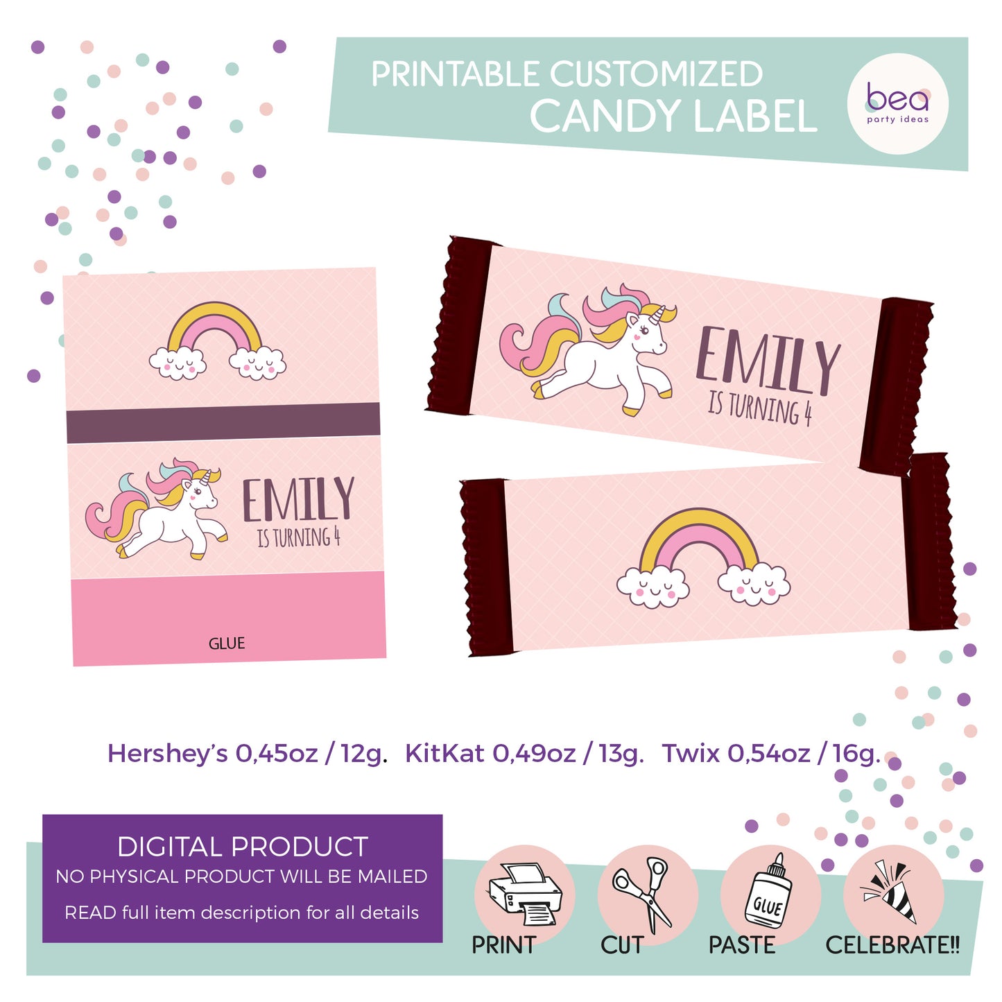 UNICORN printable CHOCOLATE CANDY Label