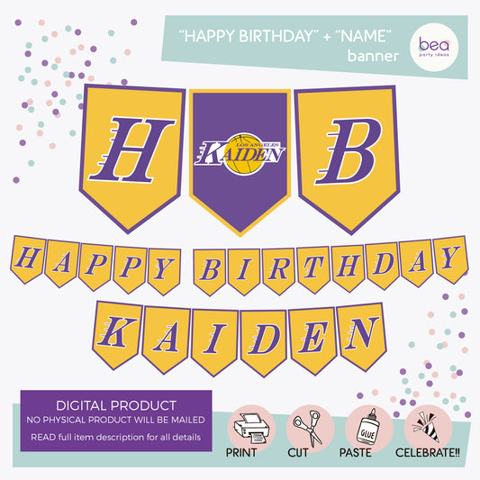 Lakers printable BANNER - "Happy Birthday + 1 customized name"