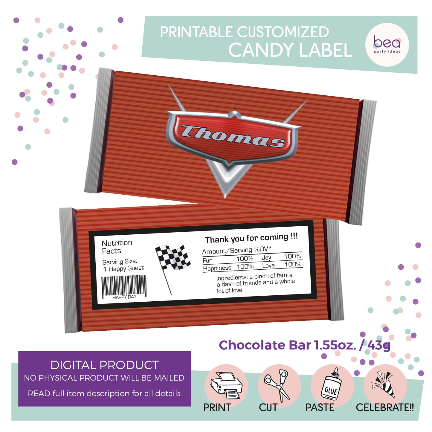 CARS printable CHOCOLATE CANDY Label