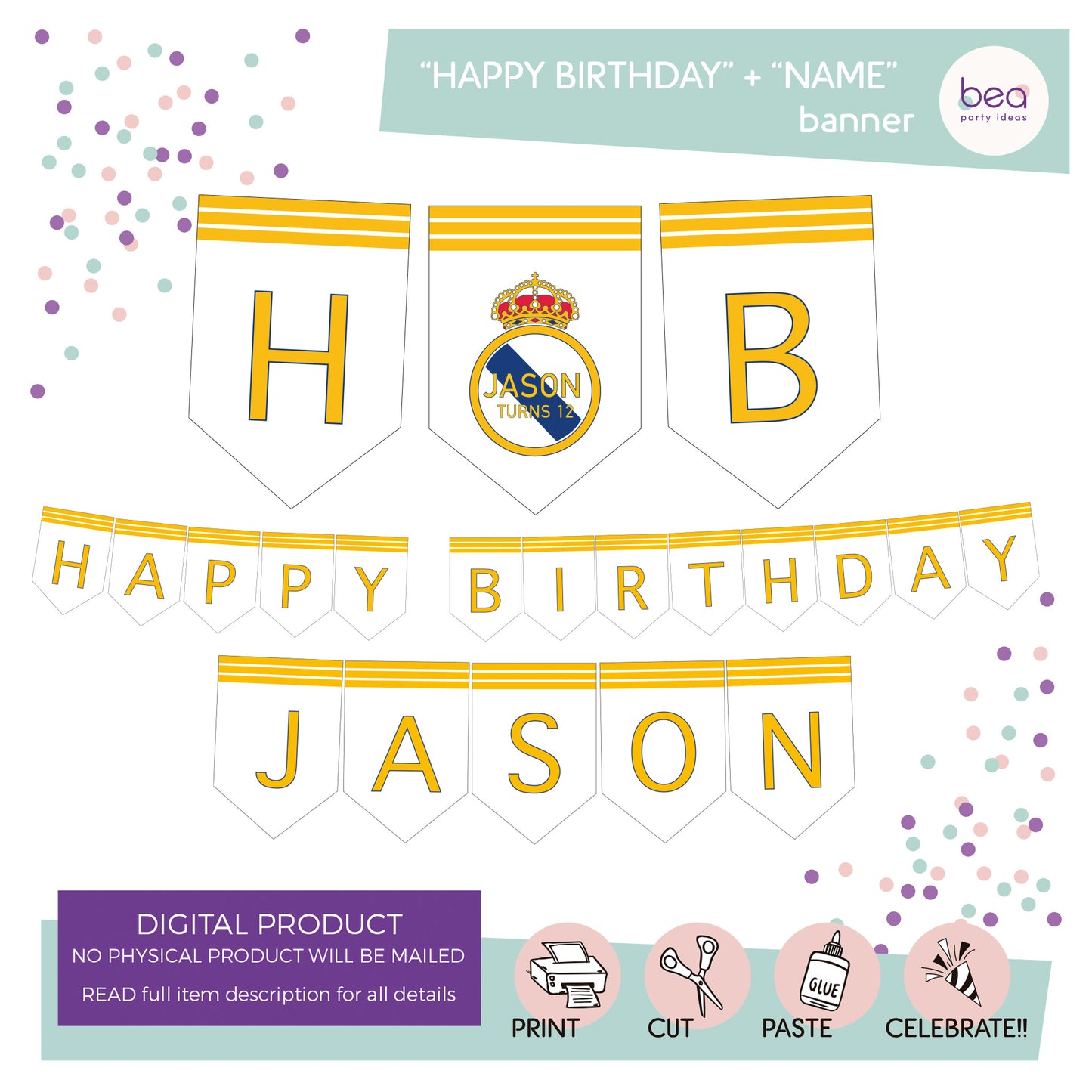 REAL MADRID printable BANNER - "Happy Birthday + 1 customized name"