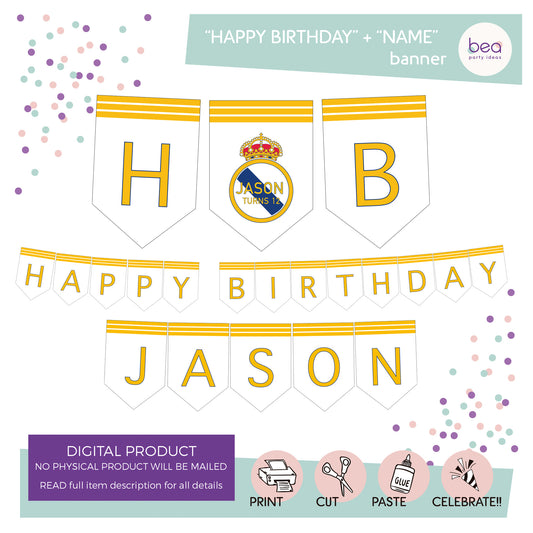 REAL MADRID printable BANNER - "Happy Birthday + 1 customized name"