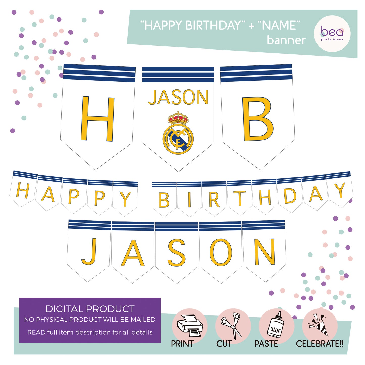 REAL MADRID printable BANNER - "Happy Birthday + 1 customized name"